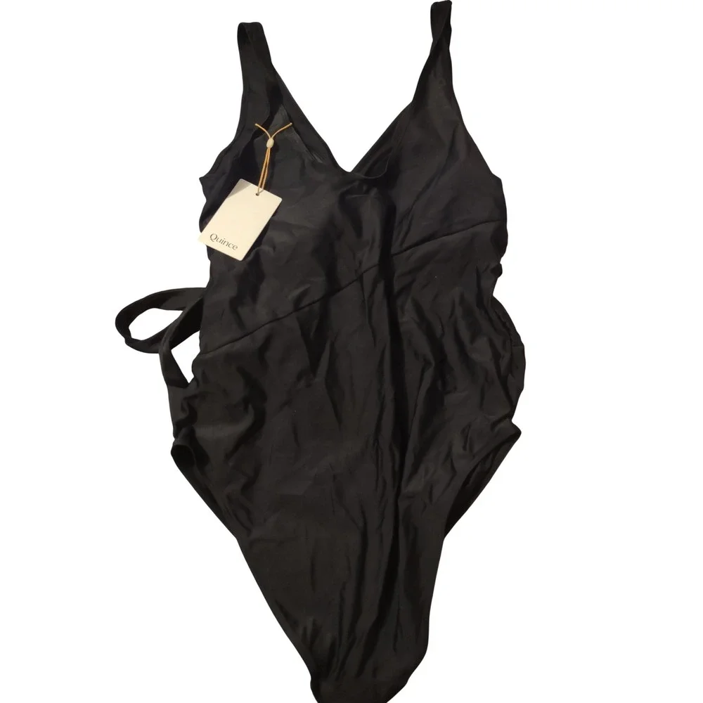 Quince Italian Wrap One Piece Swimsuit Black Recycled Polyamide Size M NWT